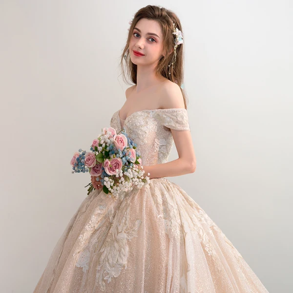 Luxury / Gorgeous Champagne Wedding Dresses 2018 Ball Gown Off-The-Shoulder Short Sleeve Backless Appliques Lace Glitter Tulle Pearl Rhinestone Cathedral Train Ruffle