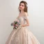 Luxury / Gorgeous Champagne Wedding Dresses 2018 Ball Gown Off-The-Shoulder Short Sleeve Backless Appliques Lace Glitter Tulle Pearl Rhinestone Cathedral Train Ruffle