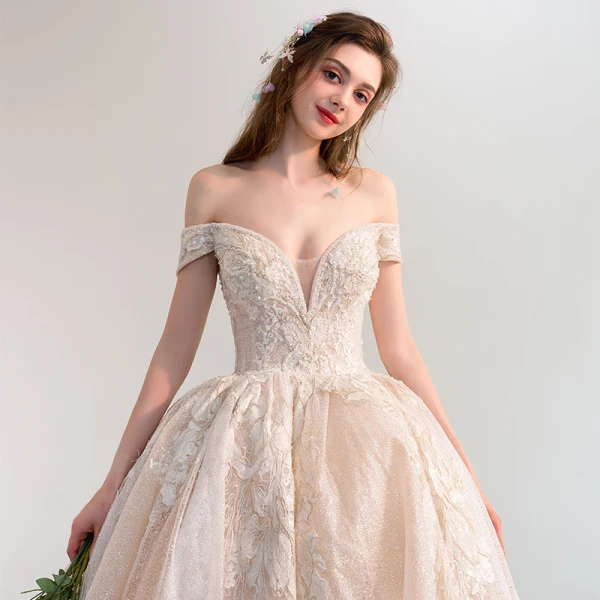 Luxury / Gorgeous Champagne Wedding Dresses 2018 Ball Gown Off-The-Shoulder Short Sleeve Backless Appliques Lace Glitter Tulle Pearl Rhinestone Cathedral Train Ruffle