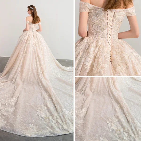 Luxury / Gorgeous Champagne Wedding Dresses 2018 Ball Gown Off-The-Shoulder Short Sleeve Backless Appliques Lace Glitter Tulle Pearl Rhinestone Cathedral Train Ruffle