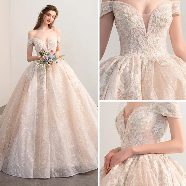 Luxury / Gorgeous Champagne Wedding Dresses 2018 Ball Gown Off-The-Shoulder Short Sleeve Backless Appliques Lace Glitter Tulle Pearl Rhinestone Cathedral Train Ruffle