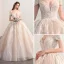 Luxury / Gorgeous Champagne Wedding Dresses 2018 Ball Gown Off-The-Shoulder Short Sleeve Backless Appliques Lace Glitter Tulle Pearl Rhinestone Cathedral Train Ruffle