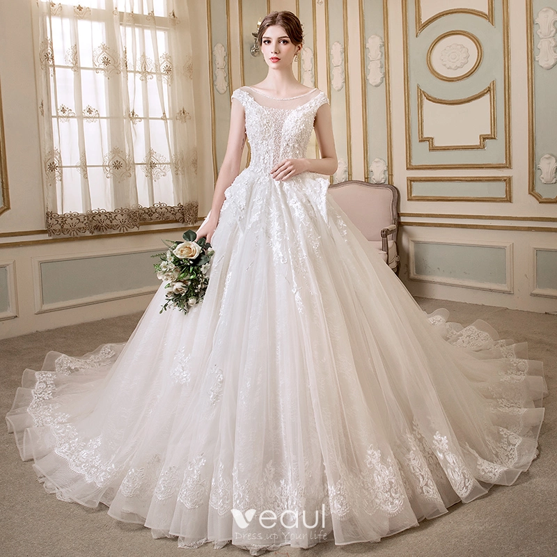 See Through Cap Sleeves Wedding Dresses, Appliques Elegant Wedding Dresses See Through Cap Sleeves Wedding Dresses, Appliques Elegant Wedding Dresses