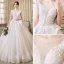 Elegante Ivory / Creme Durchsichtige Brautkleider 2018 A Linie Rundhalsausschnitt Ärmel Rückenfreies Applikationen Mit Spitze Perle Kristall Perlenstickerei Kapelle-Schleppe Rüschen