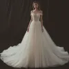 Elegant Champagne Wedding Dresses 2018 A-Line / Princess Off-The-Shoulder Short Sleeve Backless Chapel Train Ruffle