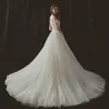 Elegant Champagne Wedding Dresses 2018 A-Line / Princess Off-The-Shoulder Short Sleeve Backless Chapel Train Ruffle