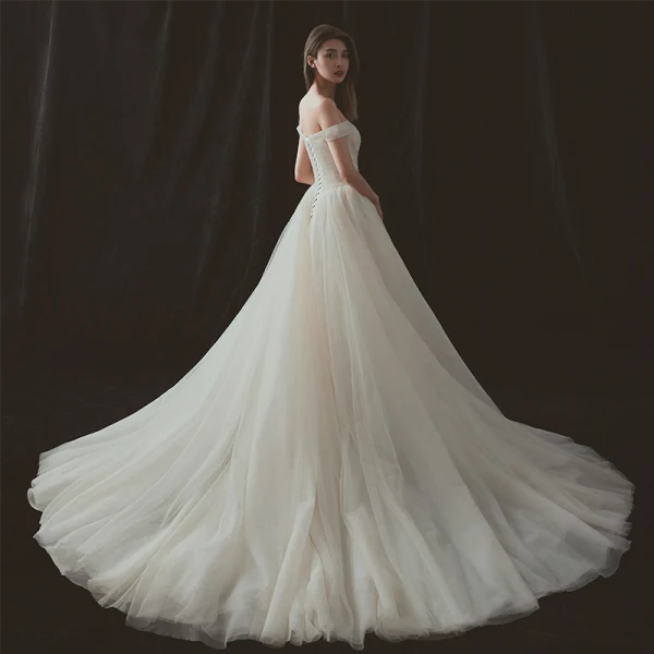 Champagne Elegant Off Shoulder Designer Satin A-line Wedding Dress main image 0