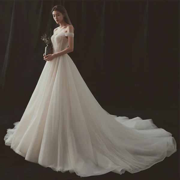 Elegant Champagne Wedding Dresses 2018 A-Line / Princess Off-The-Shoulder Short Sleeve Backless Chapel Train Ruffle