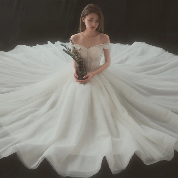 Elegant Champagne Wedding Dresses 2018 A-Line / Princess Off-The-Shoulder Short Sleeve Backless Chapel Train Ruffle