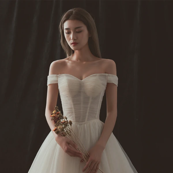 Elegant Champagne Wedding Dresses 2018 A-Line / Princess Off-The-Shoulder Short Sleeve Backless Chapel Train Ruffle