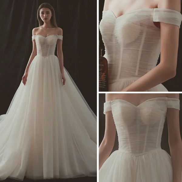 Elegant Champagne Wedding Dresses 2018 A-Line / Princess Off-The-Shoulder Short Sleeve Backless Chapel Train Ruffle