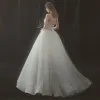 Amazing / Unique Ivory Gradient-Color Grey Wedding Dresses 2018 Ball Gown Strapless Sleeveless Backless Pearl Floor-Length / Long Ruffle