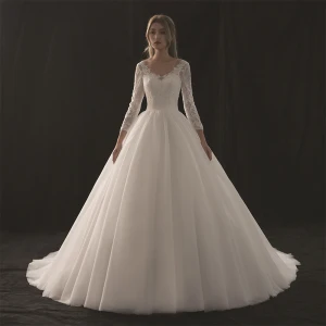 Modest Simple Ivory Wedding Dresses 2018 A Line Princess V Neck 3 4 Sleeve Appliques Pierced Lace Chapel Train Ruffle