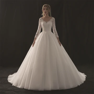 Modest Simple Ivory Wedding Dresses 2018 A Line Princess V Neck 3 4 Sleeve Appliques Pierced Lace Chapel Train Ruffle