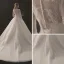 Modest / Simple Ivory Wedding Dresses 2018 A-Line / Princess V-Neck 3/4 Sleeve Appliques Pierced Lace Chapel Train Ruffle
