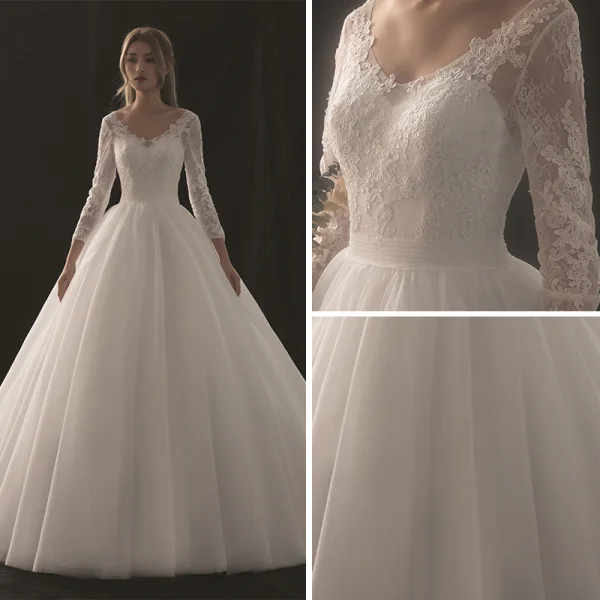 Modest / Simple Ivory Wedding Dresses 2018 A-Line / Princess V-Neck 3/4 Sleeve Appliques Pierced Lace Chapel Train Ruffle