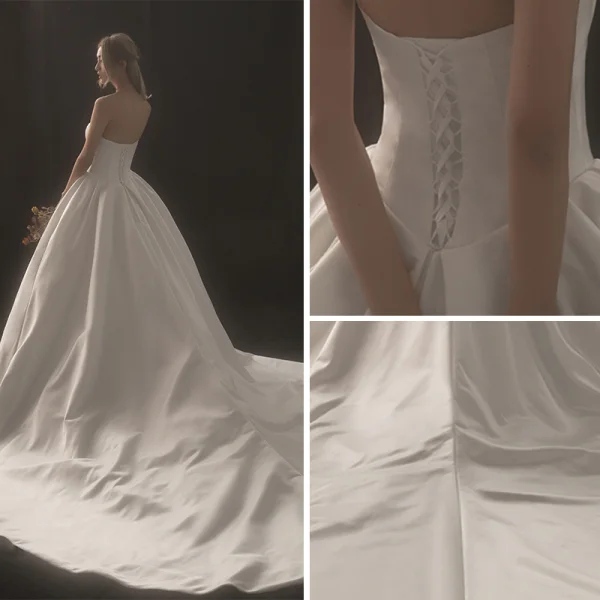Modest / Simple Ivory Wedding Dresses 2018 Ball Gown Strapless Sleeveless Backless Royal Train Ruffle