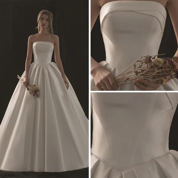 Modest / Simple Ivory Wedding Dresses 2018 Ball Gown Strapless Sleeveless Backless Royal Train Ruffle