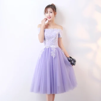 Chic Beautiful Lavender Homecoming Graduation Dresses 2017 A Line Princess Off The Shoulder Short Sleeve Appliques Sequins Tea Length Ruffle Backless Formal Dresses