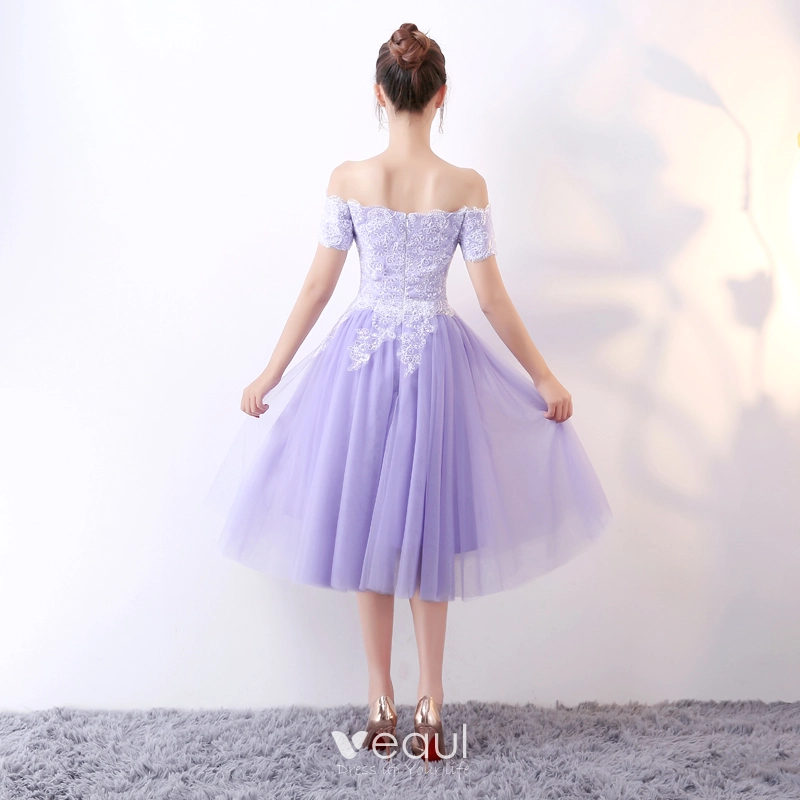 Chic / Beautiful Lavender Homecoming Graduation Dresses 2017 A-Line / Princess Off-The-Shoulder Short Sleeve Appliques Sequins Tea-length Ruffle