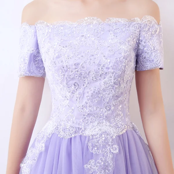 Chic / Belle Lavande de retour Robe De Graduation 2017 Princesse De l'épaule Manches Courtes Appliques Paillettes Thé Longueur Volants Dos Nu Robe De Ceremonie