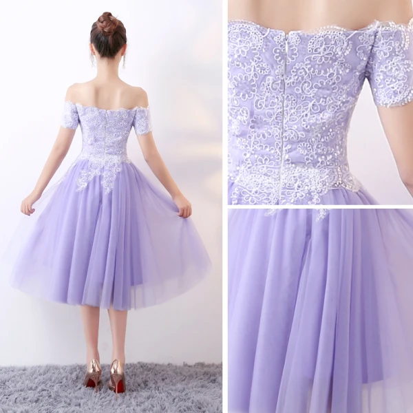 Chic / Belle Lavande de retour Robe De Graduation 2017 Princesse De l'épaule Manches Courtes Appliques Paillettes Thé Longueur Volants Dos Nu Robe De Ceremonie