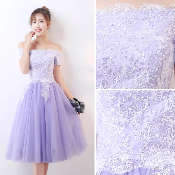 Chic / Belle Lavande de retour Robe De Graduation 2017 Princesse De l'épaule Manches Courtes Appliques Paillettes Thé Longueur Volants Dos Nu Robe De Ceremonie