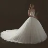 Modest / Simple Ivory Wedding Dresses 2018 Ball Gown Sweetheart Sleeveless Backless Cathedral Train Ruffle