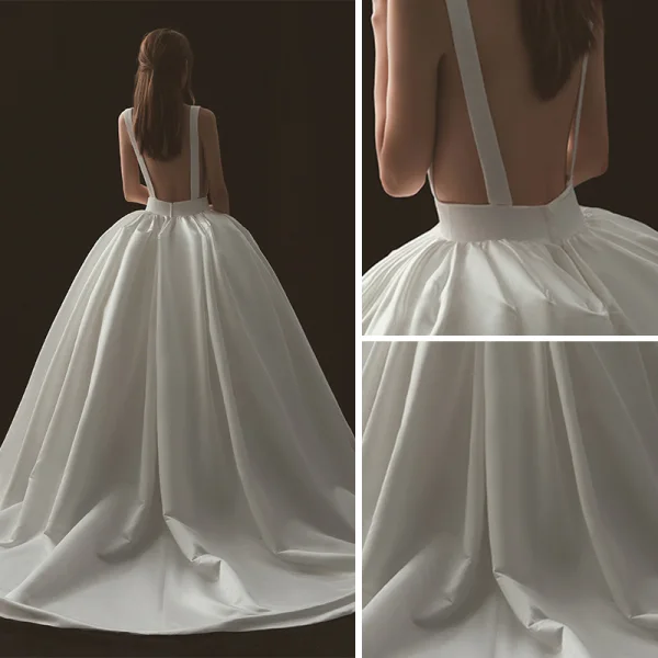 Sexy Ivoire Robe De Mariée 2018 Robe Boule V-Cou Sans Manches Dos Nu Cathedral Train Volants