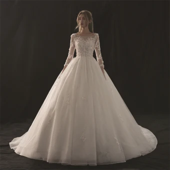 Chic Beautiful White Wedding Dresses 2018 Empire Scoop Neck 3 4 Sleeve Backless Appliques Pierced Lace Sequins Beading Cathedral Train Ruffle