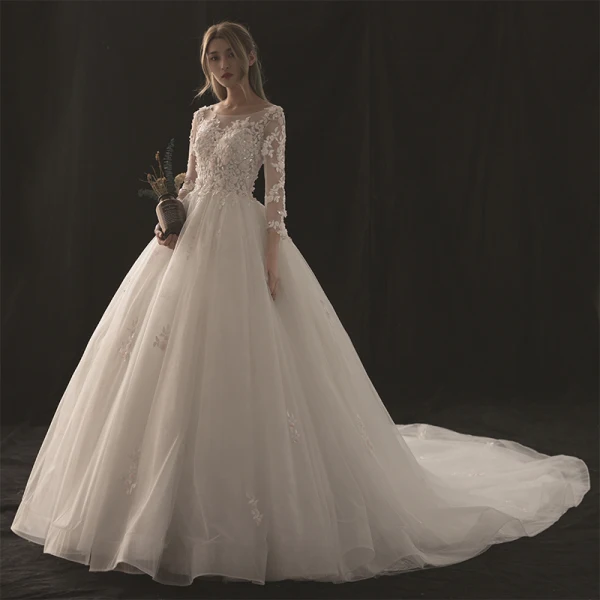 Chic / Belle Blanche Robe De Mariée 2018 Empire Encolure Dégagée 3/4 Manches Dos Nu Appliques Percé En Dentelle Paillettes Perlage Cathedral Train Volants