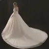 Chic / Beautiful White Wedding Dresses 2018 Empire Scoop Neck 3/4 Sleeve Backless Appliques Pierced Lace Sequins Beading Cathedral Train Ruffle