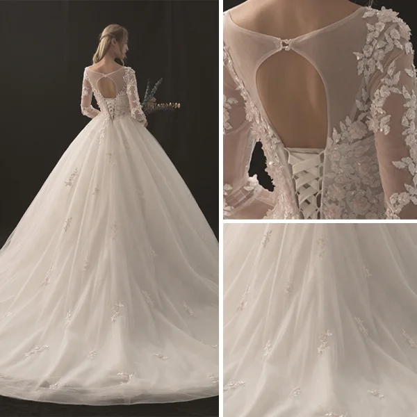 Chic / Belle Blanche Robe De Mariée 2018 Empire Encolure Dégagée 3/4 Manches Dos Nu Appliques Percé En Dentelle Paillettes Perlage Cathedral Train Volants
