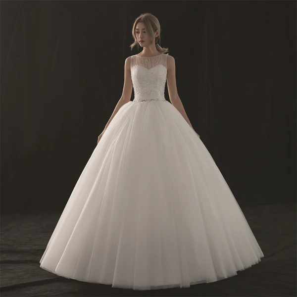 Chic / Beautiful White Wedding Dresses 2018 Ball Gown See-through Scoop Neck Sleeveless Appliques Lace Sequins Beading Floor-Length / Long Ruffle