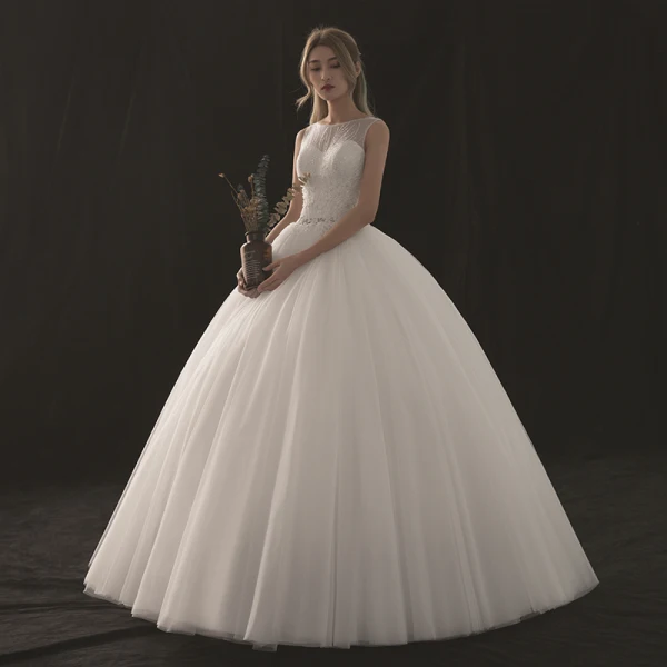 Chic / Beautiful White Wedding Dresses 2018 Ball Gown See-through Scoop Neck Sleeveless Appliques Lace Sequins Beading Floor-Length / Long Ruffle