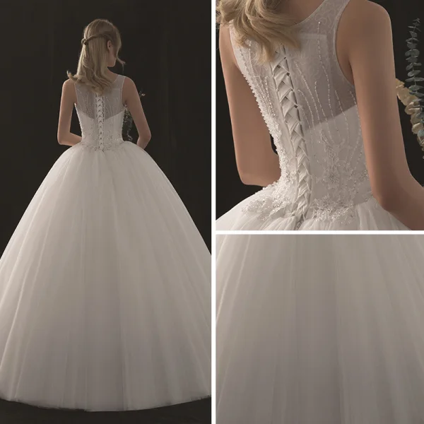 Chic / Beautiful White Wedding Dresses 2018 Ball Gown See-through Scoop Neck Sleeveless Appliques Lace Sequins Beading Floor-Length / Long Ruffle