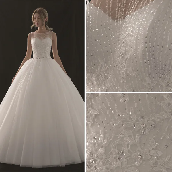 Chic / Beautiful White Wedding Dresses 2018 Ball Gown See-through Scoop Neck Sleeveless Appliques Lace Sequins Beading Floor-Length / Long Ruffle