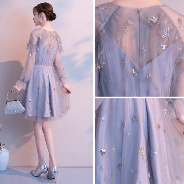 Chic / Beautiful Silver See-through Homecoming Graduation Dresses 2018 A-Line / Princess V-Neck Long Sleeve Appliques Lace Short Ruffle Backless Formal Dresses