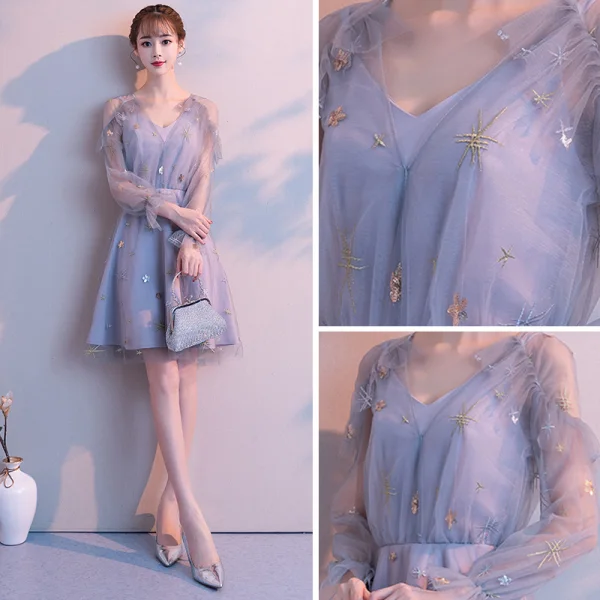 Chic / Beautiful Silver See-through Homecoming Graduation Dresses 2018 A-Line / Princess V-Neck Long Sleeve Appliques Lace Short Ruffle Backless Formal Dresses