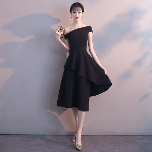 Amazing Unique Black Homecoming Graduation Dresses 2018 A Line Princess Off The Shoulder Short Sleeve Asymmetrical Ruffle Backless Formal Dresses