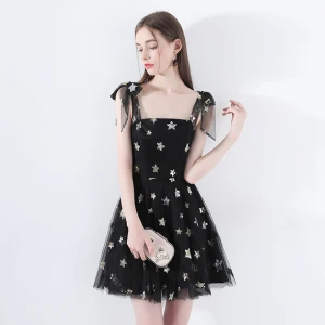 Chic Beautiful Black Homecoming Graduation Dresses 2018 A Line Princess Shoulders Sleeveless Star Sequins Short Ruffle Backless Formal Dresses