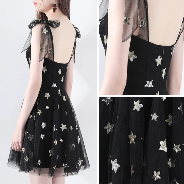 Chic / Belle Noire de retour Robe De Graduation 2018 Princesse épaules Sans Manches Étoile Paillettes Courte Volants Dos Nu Robe De Ceremonie