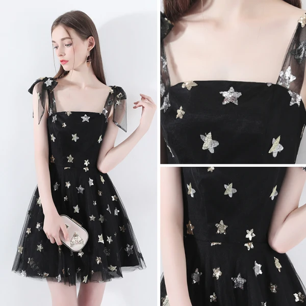 Chic / Belle Noire de retour Robe De Graduation 2018 Princesse épaules Sans Manches Étoile Paillettes Courte Volants Dos Nu Robe De Ceremonie