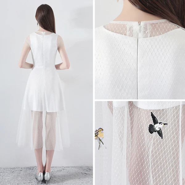 Modest / Simple Summer White Evening Dresses 2018 A-Line / Princess Scoop Neck Cap Sleeves Embroidered Sash Tea-length Formal Dresses