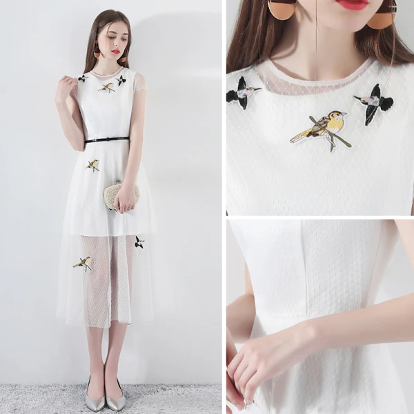 Modest / Simple Summer White Evening Dresses 2018 A-Line / Princess Scoop Neck Cap Sleeves Embroidered Sash Tea-length Formal Dresses