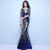 Sparkly Royal Blue Evening Dresses  2017 Trumpet / Mermaid V-Neck 3/4 Sleeve Metal Sash Glitter Sequins Floor-Length / Long Backless Formal Dresses