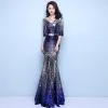 Sparkly Royal Blue Evening Dresses  2017 Trumpet / Mermaid V-Neck 3/4 Sleeve Metal Sash Glitter Sequins Floor-Length / Long Backless Formal Dresses