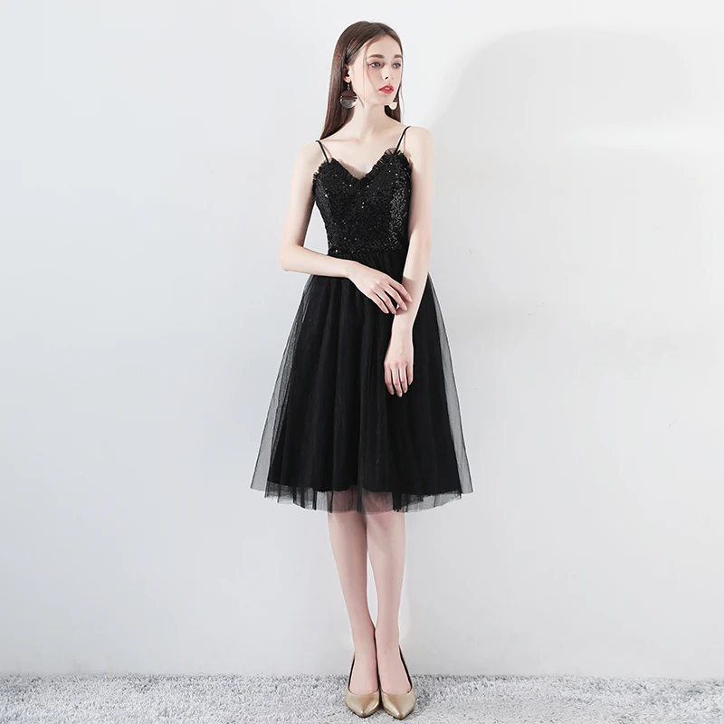 open lace back dress Black Satin Knee Length Round Neckline Party Dress, Black Short Prom Dress US Size 6 / Black main image 1