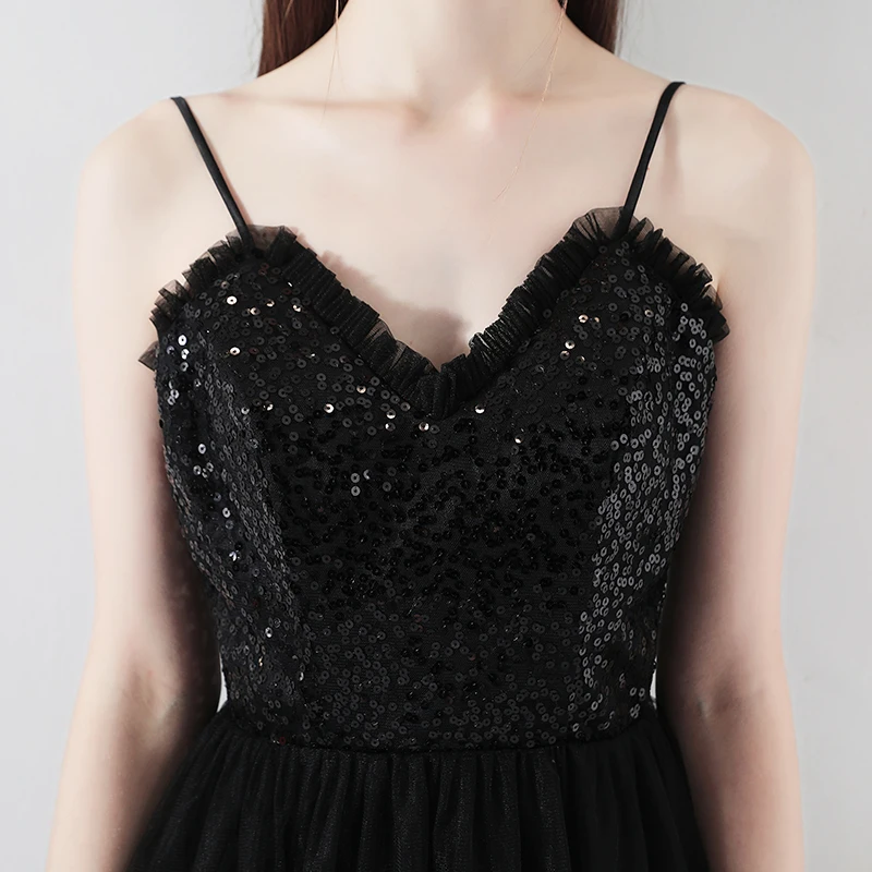 open lace back dress Black Spaghetti Strap Evening Dress 2026 for Women Embellished V-Neck Satin A-Line Gown Elegant Long Formal Prom Dress with High Slit, Black main image 1