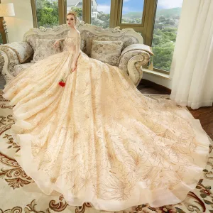 Luxe Champagne Robe De Mariée 2018 Robe Boule De L 039 Épaule Manches Courtes Dos Nu Faux Diamant Glitter Royal Train Volants